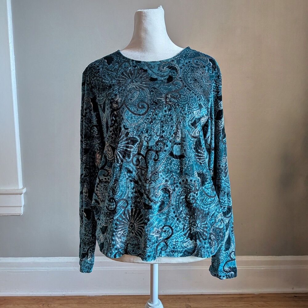 Vintage 90s Y2K Laura Ashley Blue Green Velvet Top Floral  Whimsygoth Size L